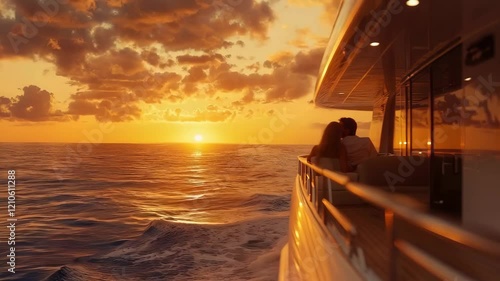Romantic couple enjoying sunset on a yacht adventure in serene ocean waters