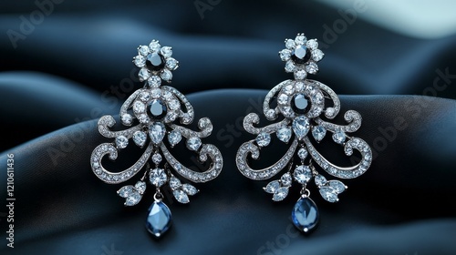 Intricate silver earrings adorned with blue and clear gemstones displayed on ...