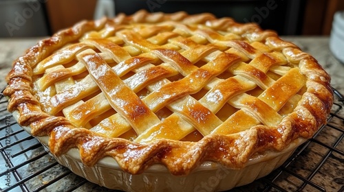 Freshly baked cherry pie cooling on a wire rack in a kitchen setting