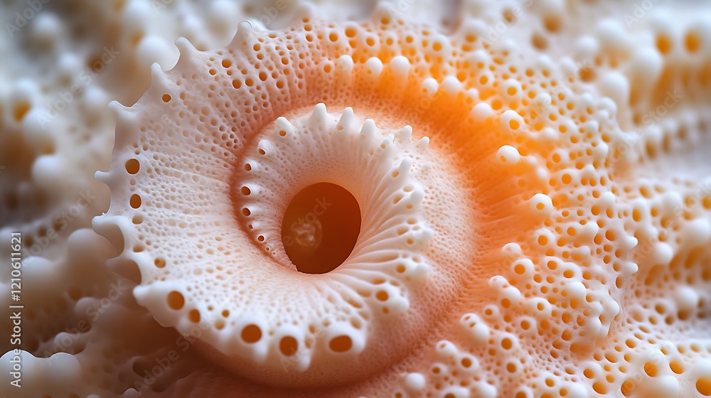Close-up of a spiral shell with intricate textures and holes. Close-up of a spiral shell with intricate textures and holes.