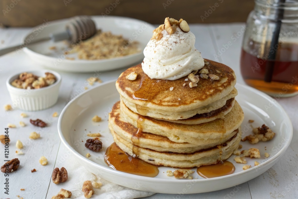 A stack of pancakes topped with a dollop of sour cream maple syrup and chopped nuts on top, sour cream topping, golden brown cake, pancake stack, dinner plate A stack of pancakes topped with a dollop of sour cream maple syrup and chopped nuts on top, sour cream topping, golden brown cake, pancake stack, dinner plate