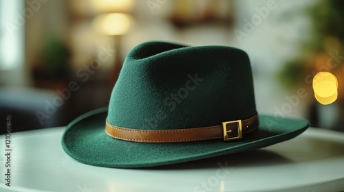 Unique green felt hat with brown band on textured teal background