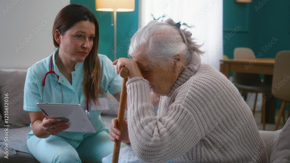 A female doctor shows results on a tablet with bad news for a retired patient, bad medical results for disease. 80s senior woman receiving a bad diagnosis during a medical visit at home A female doctor shows results on a tablet with bad news for a retired patient, bad medical results for disease. 80s senior woman receiving a bad diagnosis during a medical visit at home