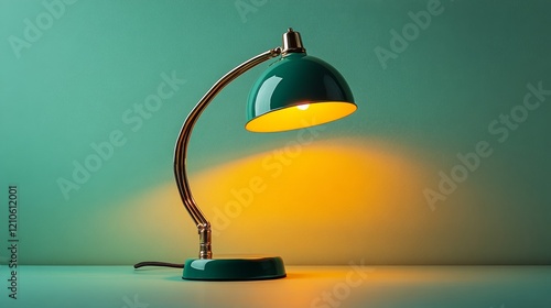 Elegant green desk lamp illuminating workspace with soft warm light in minima...