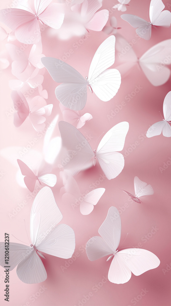A serene arrangement of white butterflies on a soft pink backdrop. A serene arrangement of white butterflies on a soft pink backdrop.