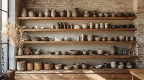 Rustic pottery collection displayed on wooden shelves in an ambient interior ...