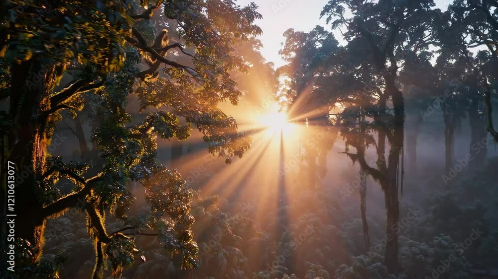 Beautiful magical sunrise in the forest. The sun's rays break through the trees in the fog. The mystical nature of the rainforest Beautiful magical sunrise in the forest. The sun's rays break through the trees in the fog. The mystical nature of the rainforest