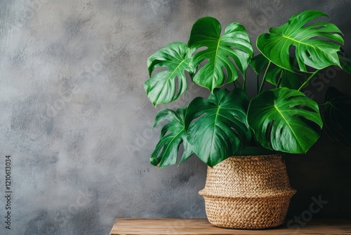 Bright rays illuminate a potted plant on a wooden table against a softly lit ...