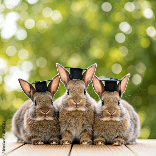 hree adorable brown bunnies are dressed in tiny graduation caps. photo