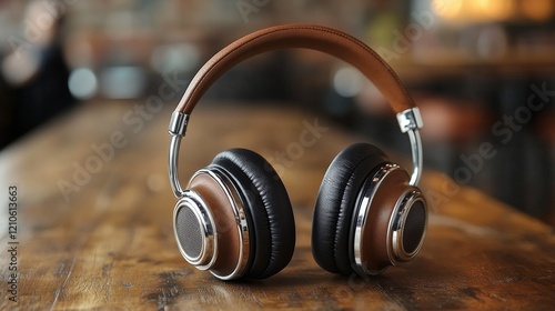 Sleek white wireless headphones resting on wooden surface outdoors in soft na...