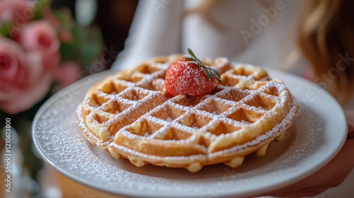 Delicious waffle topped with fresh strawberries and mint on a wooden table