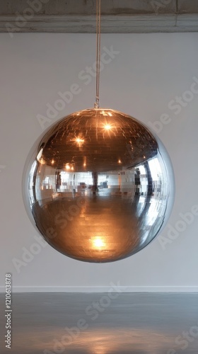 Large reflective sphere hanging in modern interior space with soft lighting