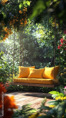 Cozy yellow swing surrounded by vibrant flowers in a serene garden setting