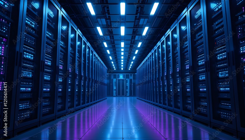 Large server racks in a data center, futuristic, modern design. Dark, metallic gray server cabinets fill the space, arranged in rows Large server racks in a data center, futuristic, modern design. Dark, metallic gray server cabinets fill the space, arranged in rows