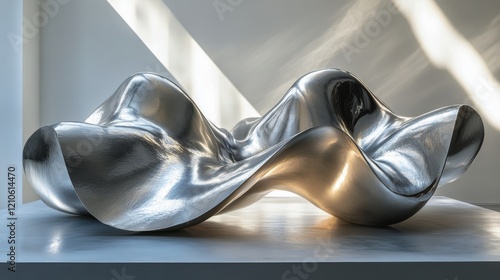 Modern metallic sculpture with flowing curves on display indoors