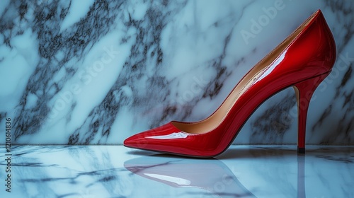 Elegant red high heel shoes on a marble floor in bright natural light during ...