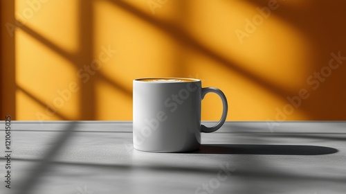 Simple white coffee cup on a wooden table near a window with natural light