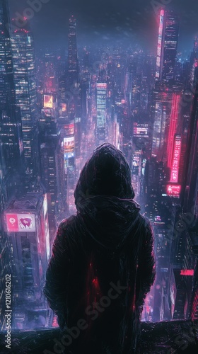 Mysterious figure overlooking a vibrant city at night during rain