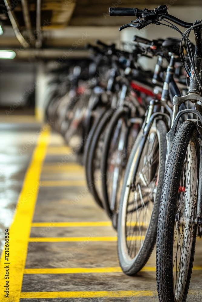 Obraz premium A row of bicycles parked next to each other on the street or in a parking lot