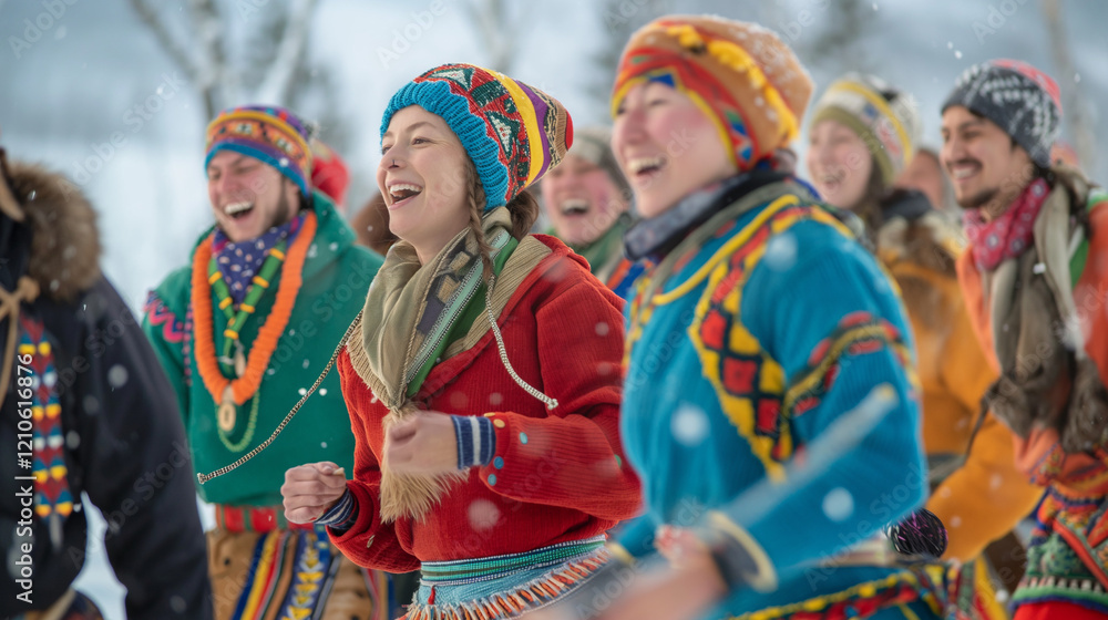 Fototapeta premium Sami people celebrating outdoors in colorful attire. Sami National Day.