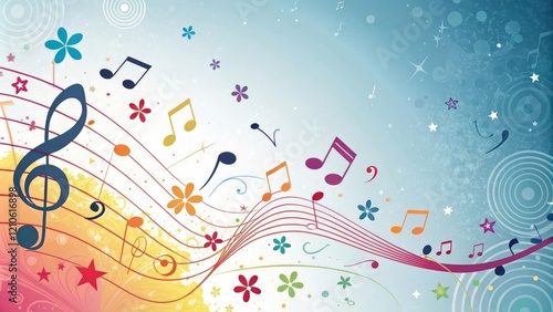 A vibrant and energetic colorful background filled with musical notes and abstract shapes, dynamic composition, energetic