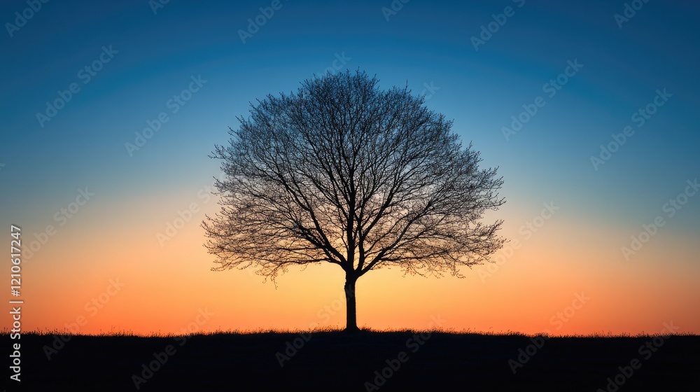 Majestic Tree Silhouette Against Vibrant Sunset Sky in Tranquil Nature Setting Majestic Tree Silhouette Against Vibrant Sunset Sky in Tranquil Nature Setting