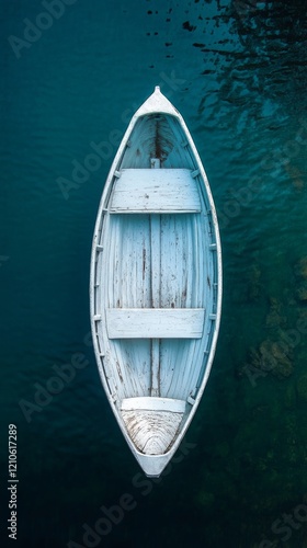 Mysterious boat in foggy lake reflecting calm water at dawn