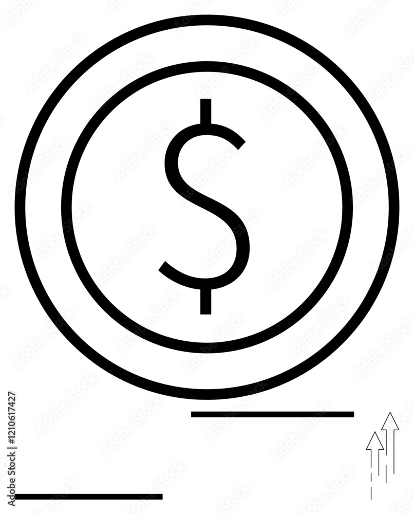 Large dollar sign within two concentric circles, paired with upward arrows symbolizing growth, success, or income. Ideal for finance, investments, savings, economy, prosperity business and abstract
