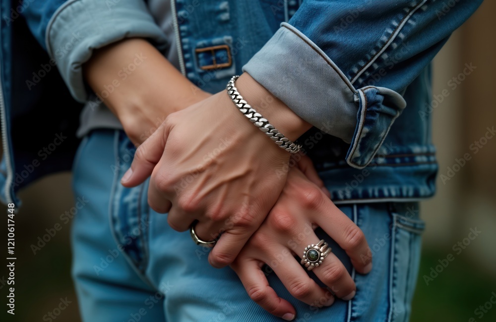 Man wears silver chain bracelet, ring on left hand. Closeup of hands in denim jacket, jeans. Stylish accessory details. Casual attire. Hand crafted jewelry. Modern style. Jewelry with stone. Focus on Man wears silver chain bracelet, ring on left hand. Closeup of hands in denim jacket, jeans. Stylish accessory details. Casual attire. Hand crafted jewelry. Modern style. Jewelry with stone. Focus on