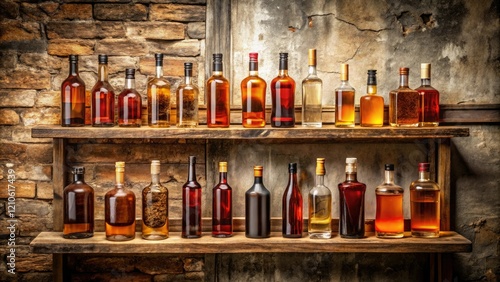 A vintage wooden shelf lined with bottles of different colored bourbons arranged artfully against a distressed stone wall, wooden shelf, wine cellar, aged liquor, vintage wood