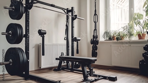 Home Gym Setup With Weightlifting Equipment And Plants photo