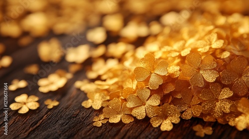 Golden flowers scattered on wooden surface reflecting warm sunlight at sunset
