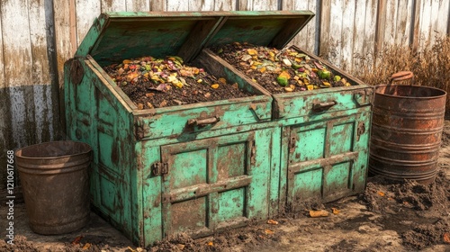 In the composting zone, an open bin or pile is filled with organic materials like vegetable scraps, grass cuttings, and leaves, presented in an organized fashion to showcase ecological gardening