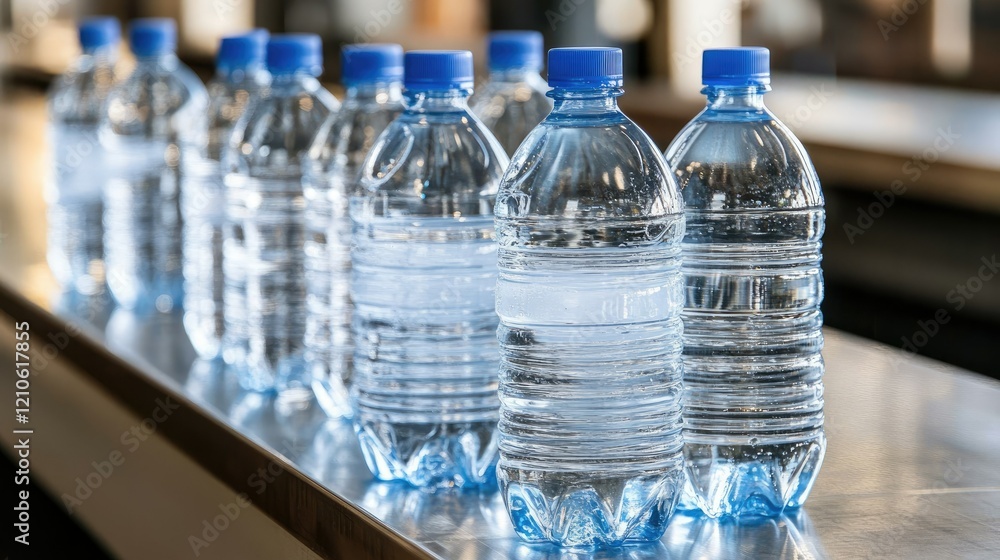 Bottled water arranged neatly on a metallic surface near a gathering spot at a public event during daytime Bottled water arranged neatly on a metallic surface near a gathering spot at a public event during daytime