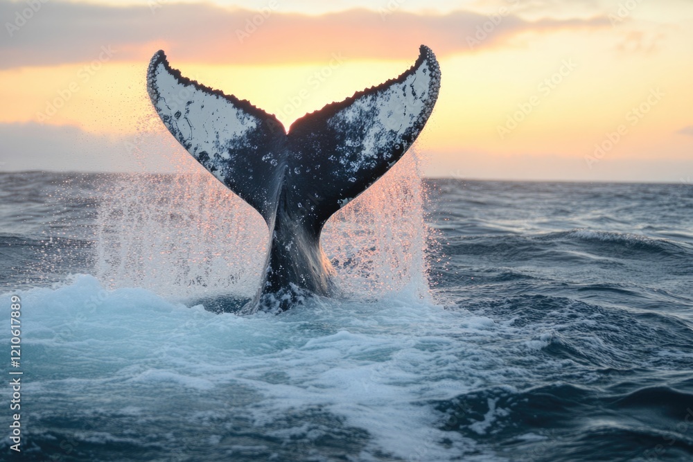 Fototapeta premium A whale's tail is visible as it dives back into the ocean
