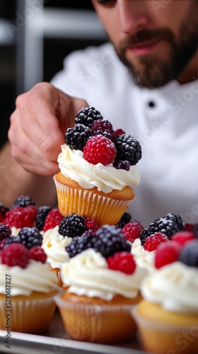 Baker decorating cupcakes with fresh berries in a modern kitchen setting