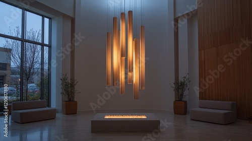 Modern indoor space featuring a sleek light fixture and vibrant greenery duri...