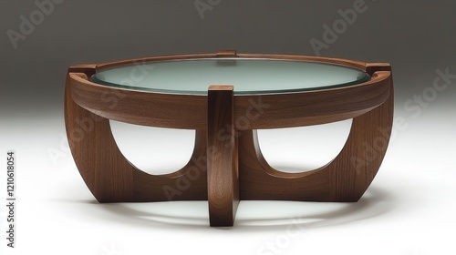 Modern wooden coffee table with glass top and curved legs in minimalist design