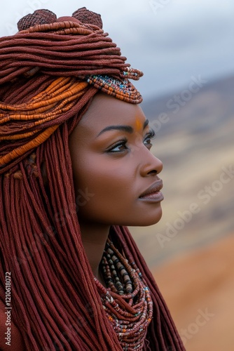 Himba woman wearing traditional himba clothing and hairstyle looking away photo