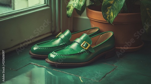 Stylish green leather shoes with buckle placed on a checkered floor