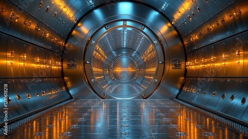 Futuristic metallic chamber with luminous blue lights and intricate design at...