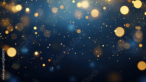Abstract dark blue and gold particles background photo. Sparkling particles on navy blue.