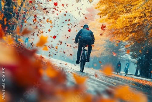 Vibrant autumn leaves blanket the road as a cyclist rides through a scenic fa...