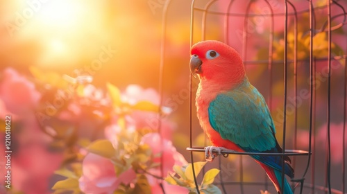 Colorful parrot perched inside cage showcasing vibrant feathers and curious e...