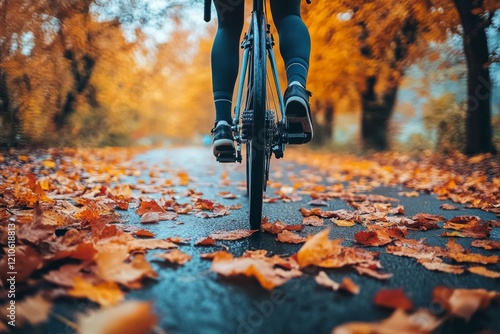 Vibrant autumn leaves blanket the road as a cyclist rides through a scenic fa...