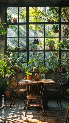 Cozy indoor garden with plants in pots and natural light streaming through th...