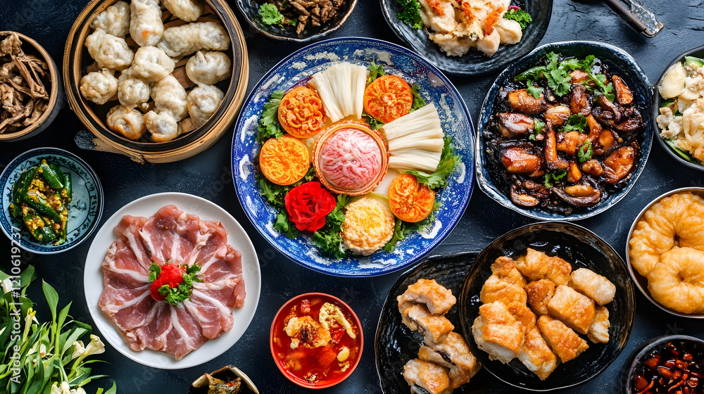 Fototapeta premium Exquisite Spread of Diverse Asian Cuisine with Colorful Dishes : Generative AI