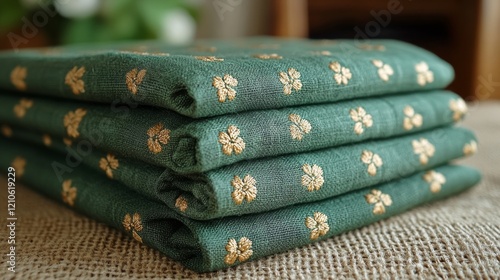 Elegant green fabric with floral design draped on a delicate surface
