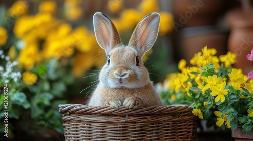 Rabbit surrounded by autumn leaves in a woven basket creating a cozy atmosphere
