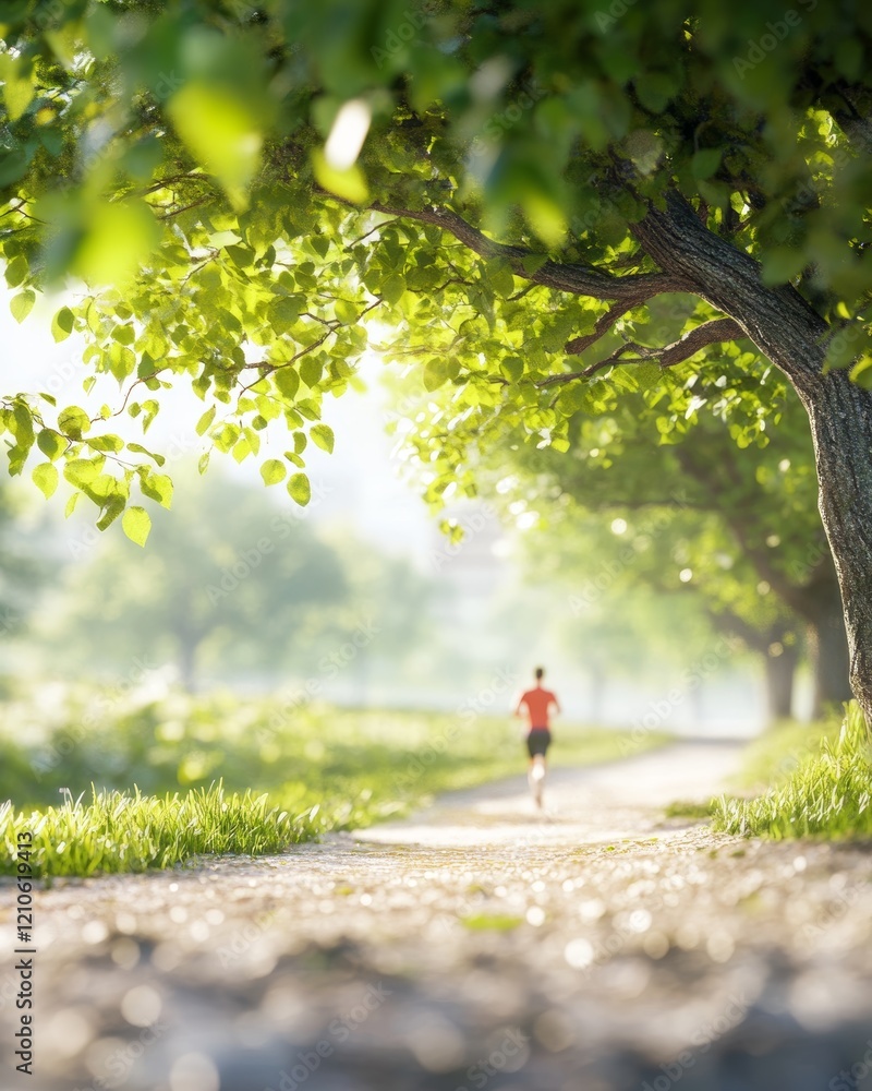 Obraz premium Runner enjoys a morning jog along a tree-lined path in a tranquil park setting amidst lush greenery